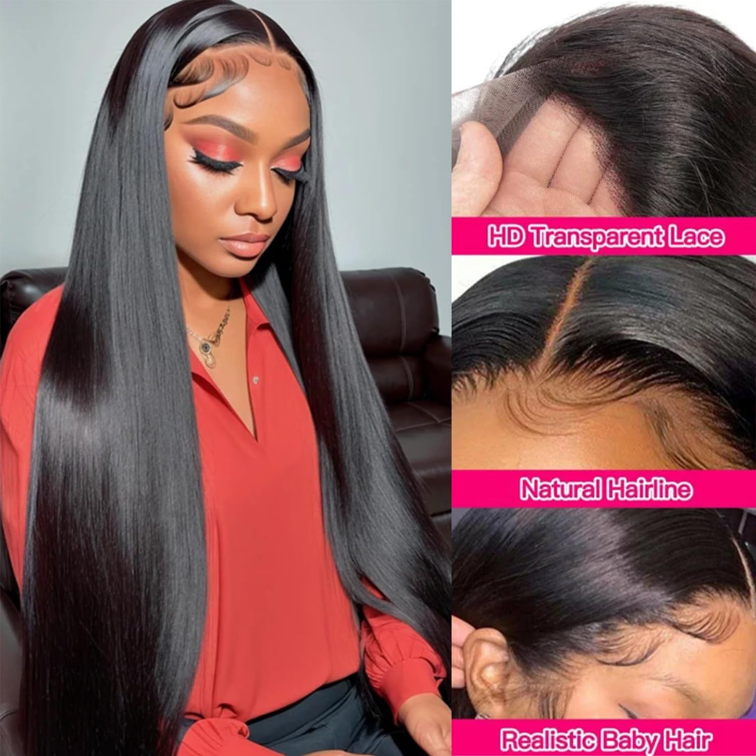 32 Inch 200% Density Natural Black Straight Lace Front Wig with Baby Hair - Image 2