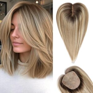 starluck Hair Toppers for Women Real Human Hair, 5"*5.5"Large Coverage Brown with Blond Highlight HairTopper No Bangs,100% Real Human Hair Toppers for Women with Thinning Hair,Cover Gray HairRoots