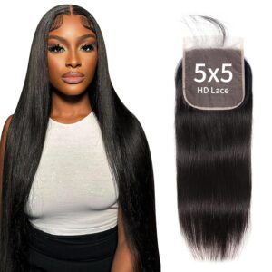 100% Raw Cambodian Human Hair Pre-plucked 5x5 HD Lace Closure Straight Breathable 0.10mm Ultra-Thin Swiss Front Lace Wigs Hand-Tied & NO Shedding & Natural Hairline 12 Inches