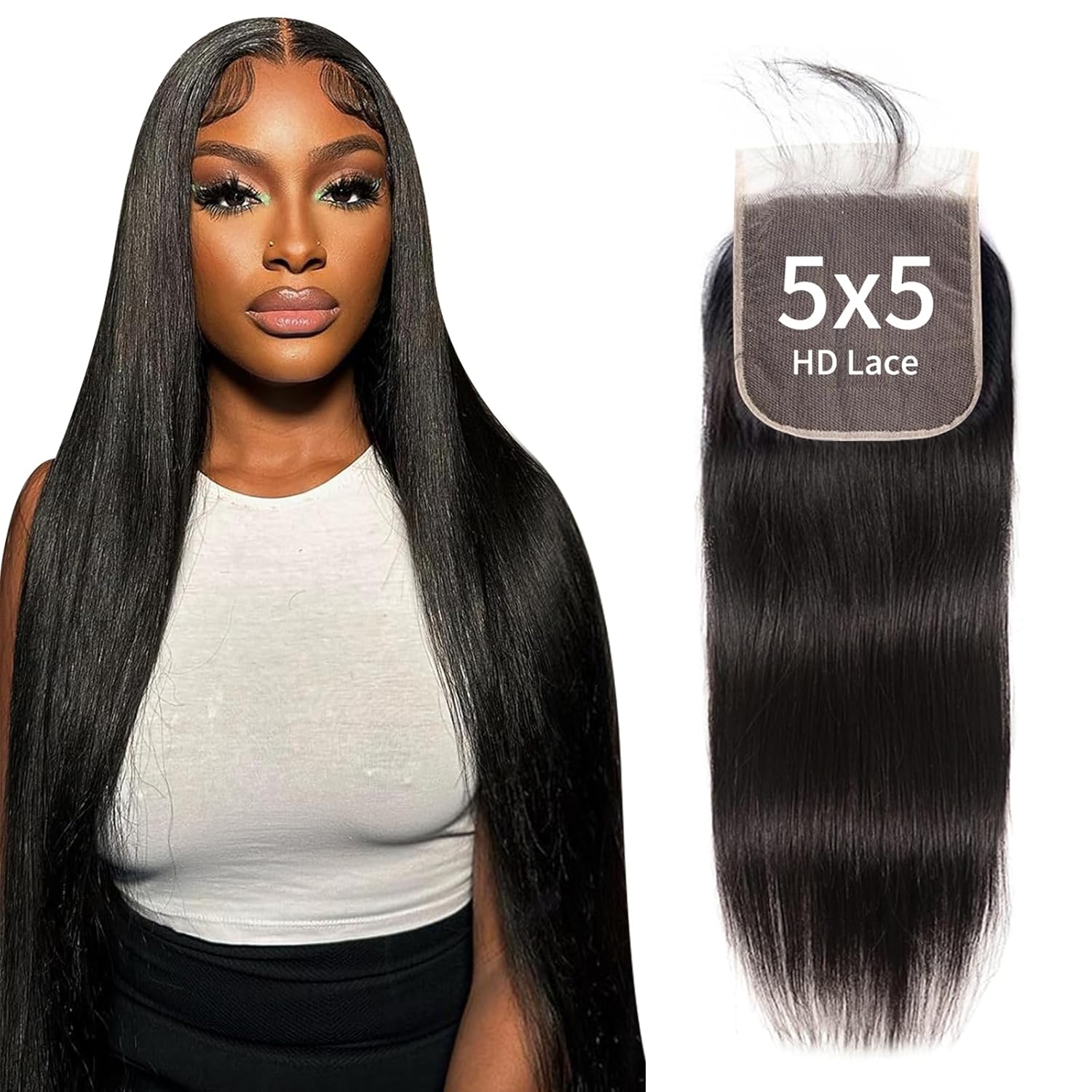 100% Raw Cambodian Human Hair Pre-plucked 5x5 HD Lace Closure Straight Breathable 0.10mm Ultra-Thin Swiss Front Lace Wigs Hand-Tied & NO Shedding & Natural Hairline 12 Inches