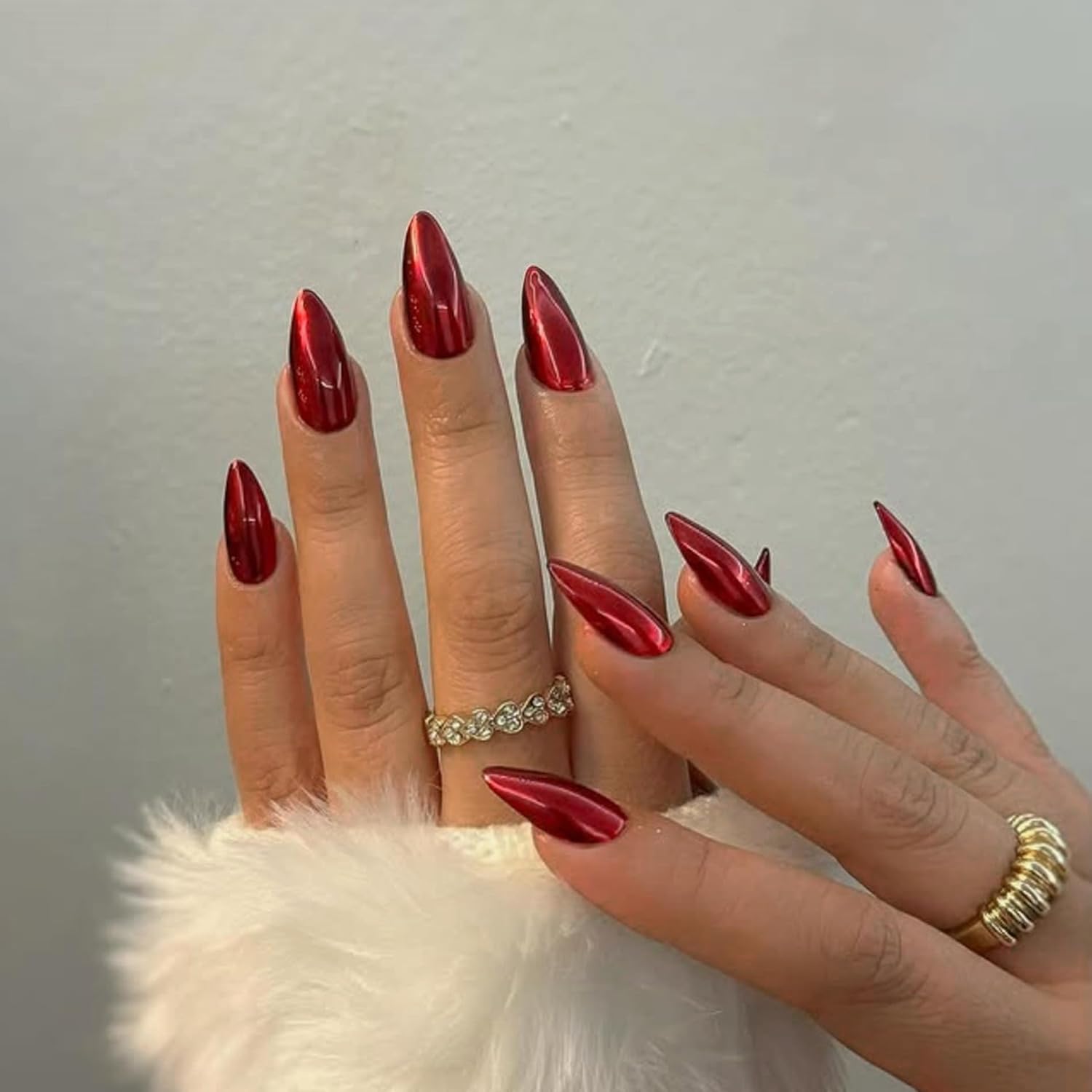 Mirror Red Almond Medium Press On Nails with Chrome Bling - Image 3