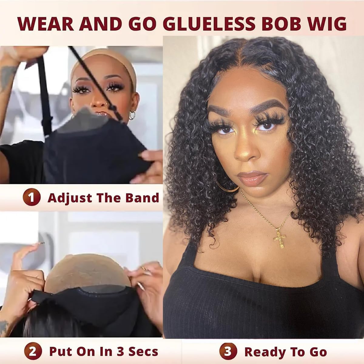 Wear and Go Glueless 8 Inch Deep Wave Bob Wig with 4x4 HD Lace Closure for Beginners - Image 3