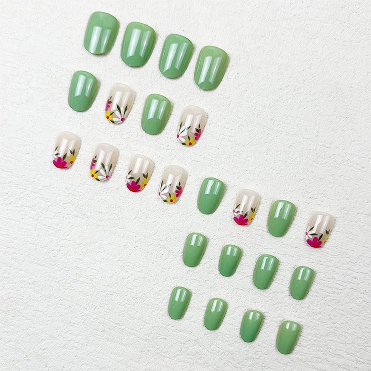 Green Almond Shape Flower Design Full Cover Acrylic Press-On Nails for Spring Summer - Image 3