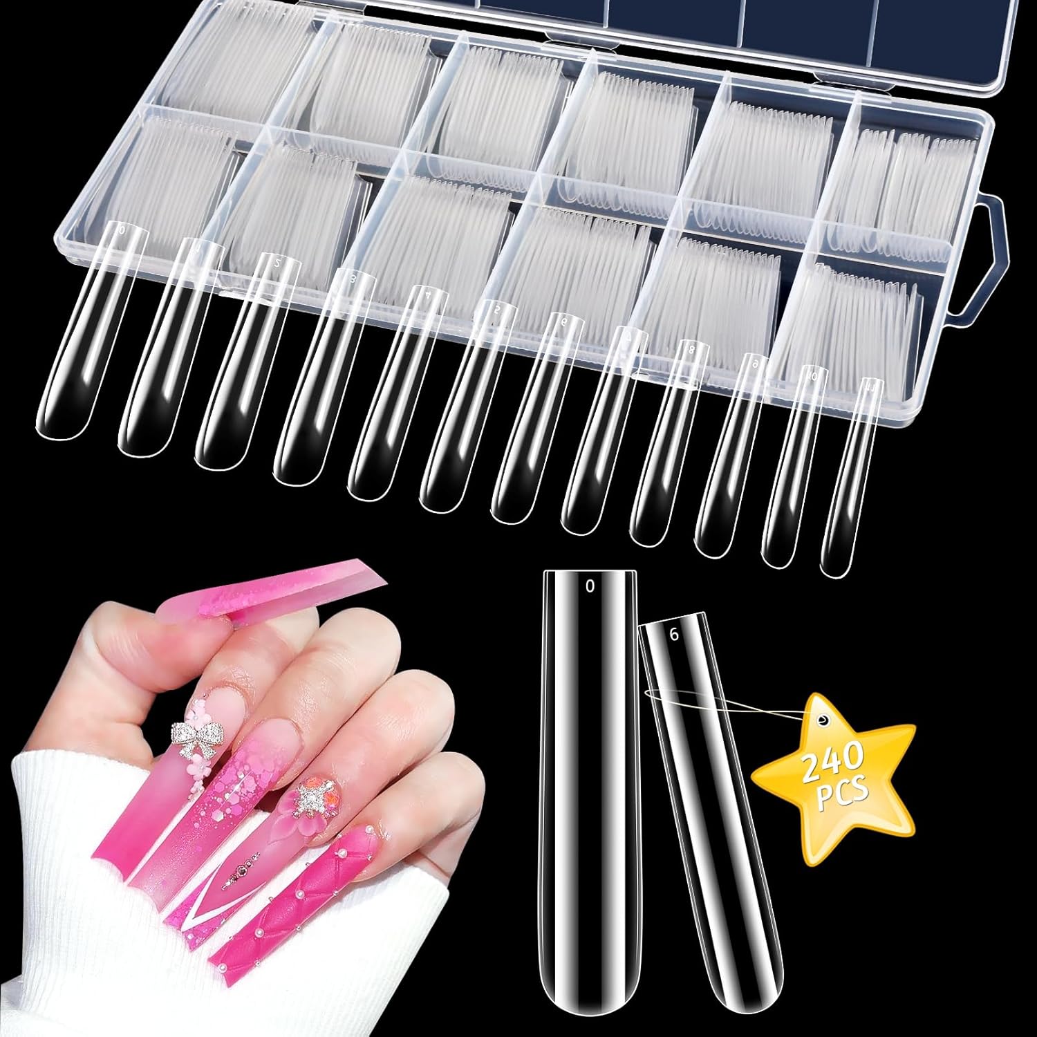 LIONVISON 3XL Clear Full Cover Nail Tips for Acrylic Nails Professional, 240PCS Extra Long Tapered Square, 12 Sizes Straight Press On Gel Nail Tips for Nail Salons Home DIY