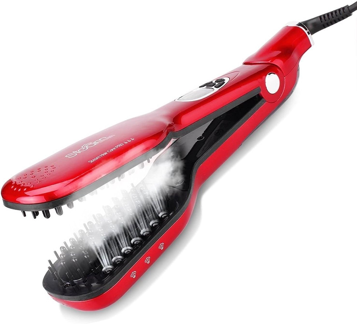 Professional Salon Steam Hair Straightening Brush | Best Double Plate Natural Hair Straightener Comb with Ceramic 3D Bristles Ion Treatment to Straighten and Detangle Fast | Anti Scald