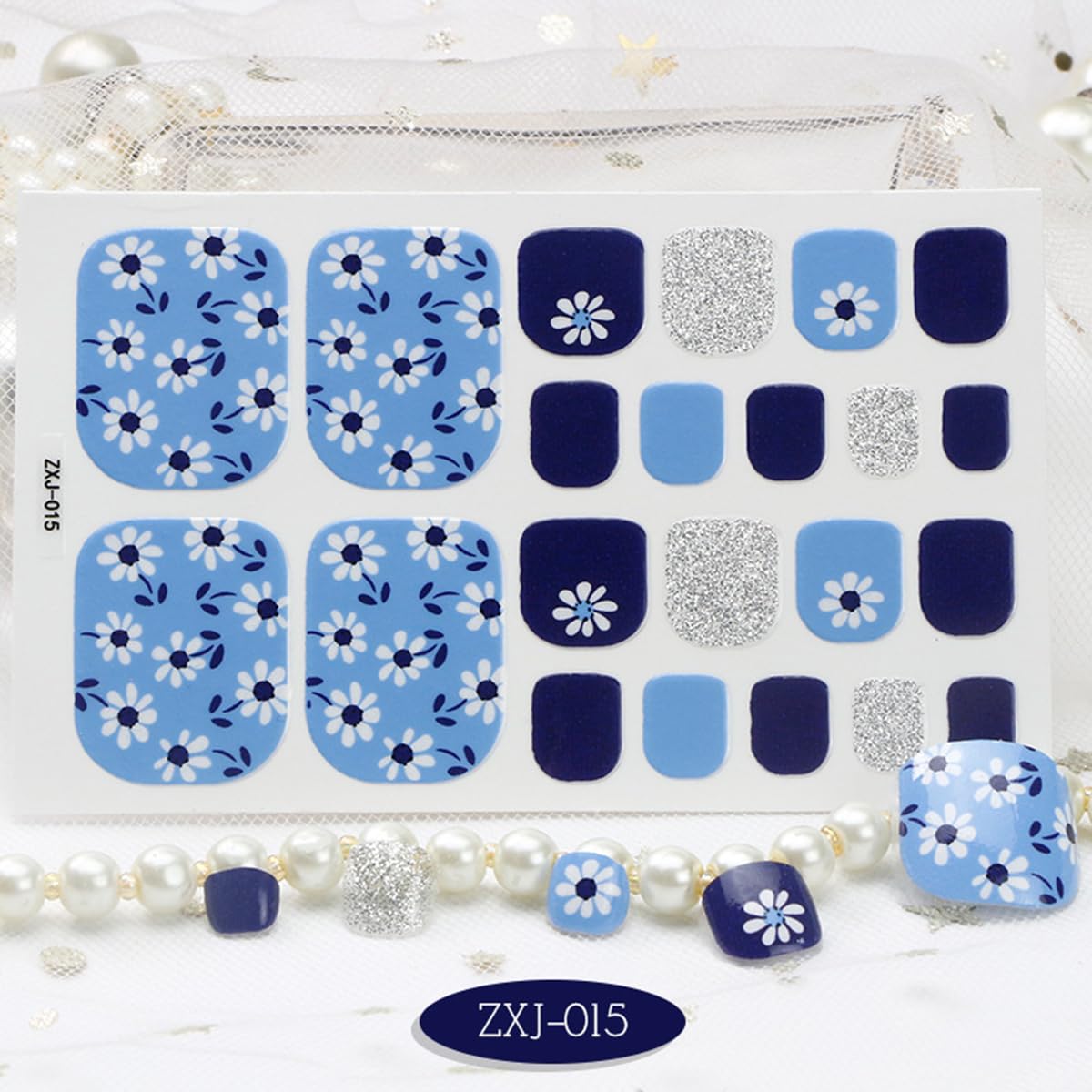 8 Sheet Floral Gel Toe Nail Stickers, Self-Adhesive Glitter Daisy Designs, Women's Manicure - Image 3
