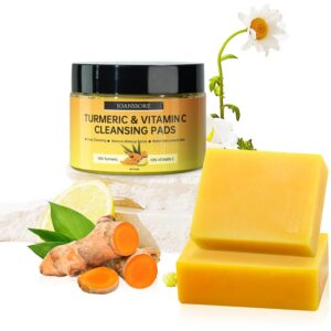 Turmeric Soap Bar & Exfoliating Pads - Face & Body Cleansing, 3.53 Oz *2, 40 Pads with Vitamin C
