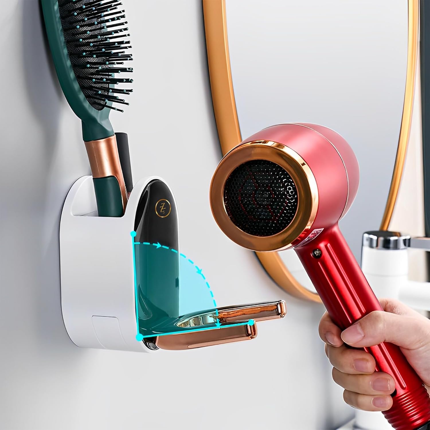 White Bathroom Wall Mount Hair Dryer Holder Organizer with Caddy and Plug Hook - Image 2