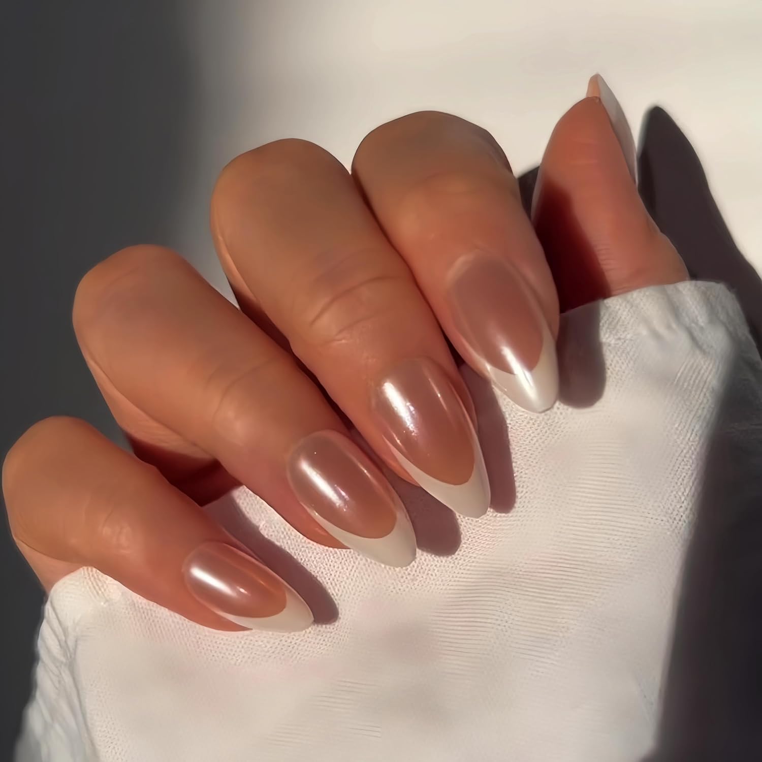White French Tip Almond Press On Nails - KQueenest Medium Natural Nude Brown Fake Nails - Image 4