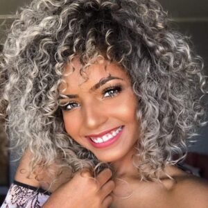 Xinran Afro Grey Wigs for Black Women - Short & Long Curly Afro Wigs with Bangs, Synthetic Omber Gray Full Wig 14 inch
