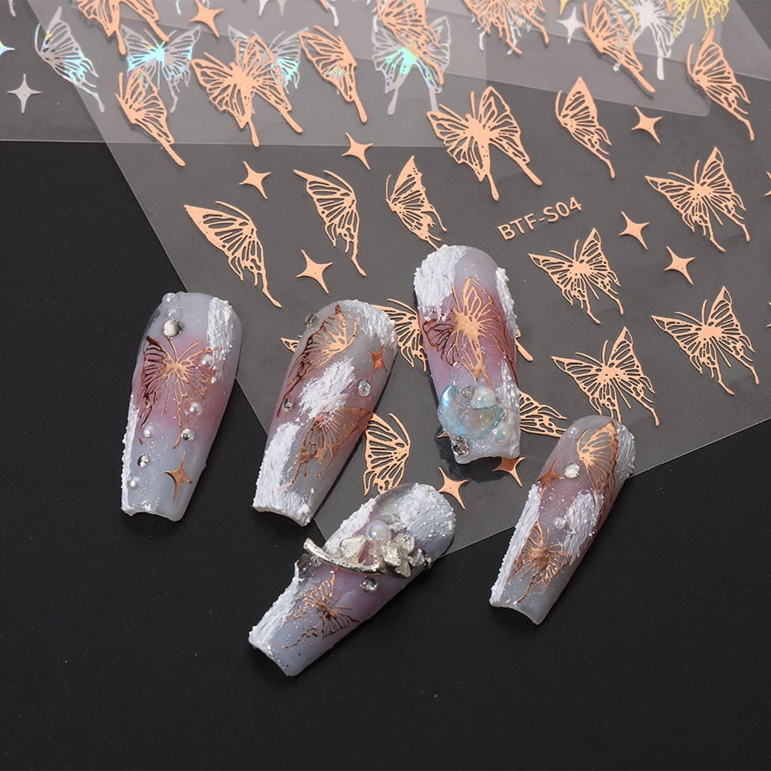 Rose Gold Nail Art Stickers Set - Leopard, Butterfly, Moon, Stars, Heart Designs - Image 5