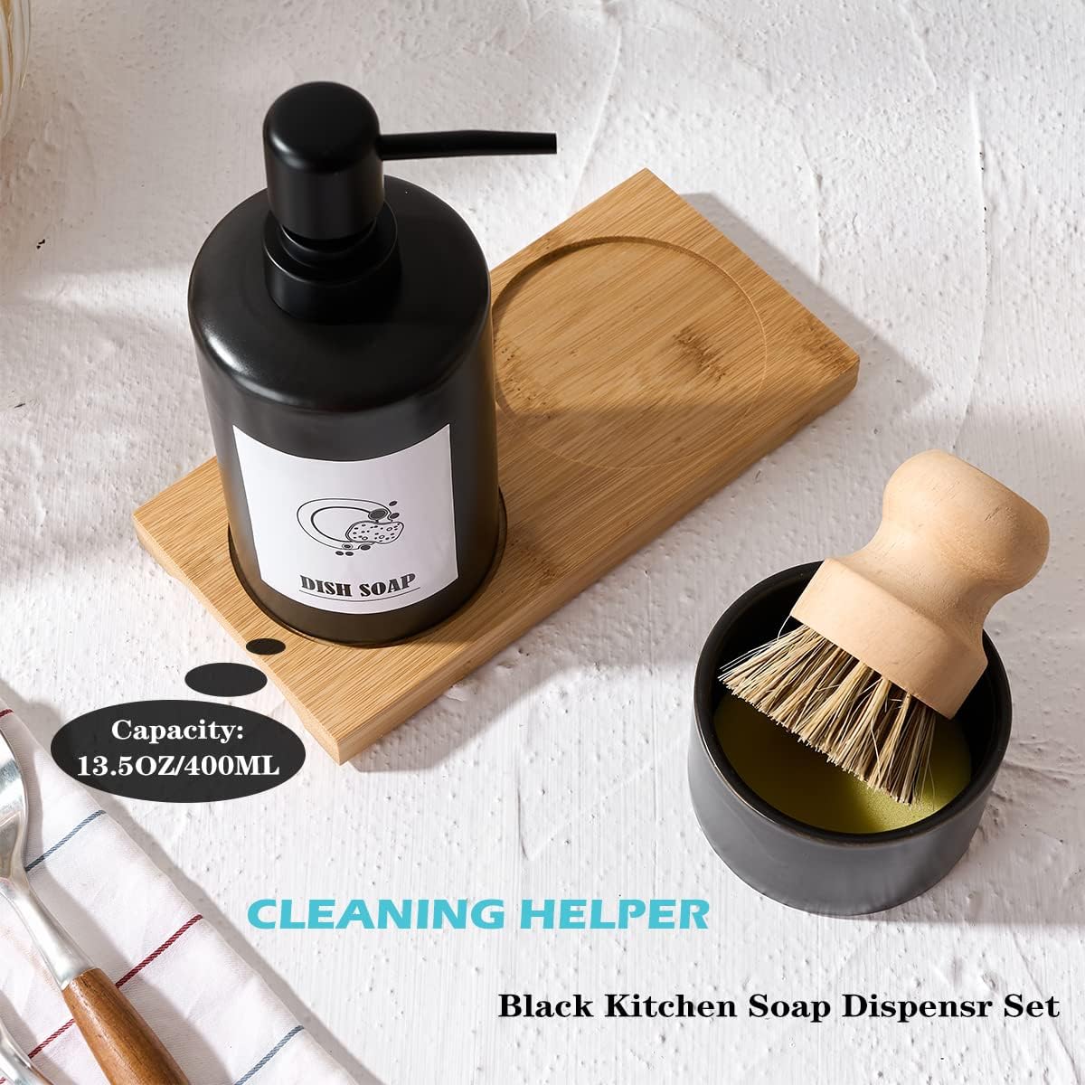 Black Kitchen Soap Dispenser Set with Rubber Wood Brush, Bamboo Tray - 13.5oz - Image 3