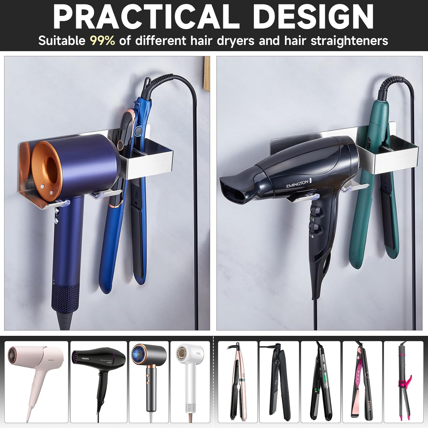Stainless Steel Wall Mount Organizer for Hair Dryer and Curling Iron - Image 4