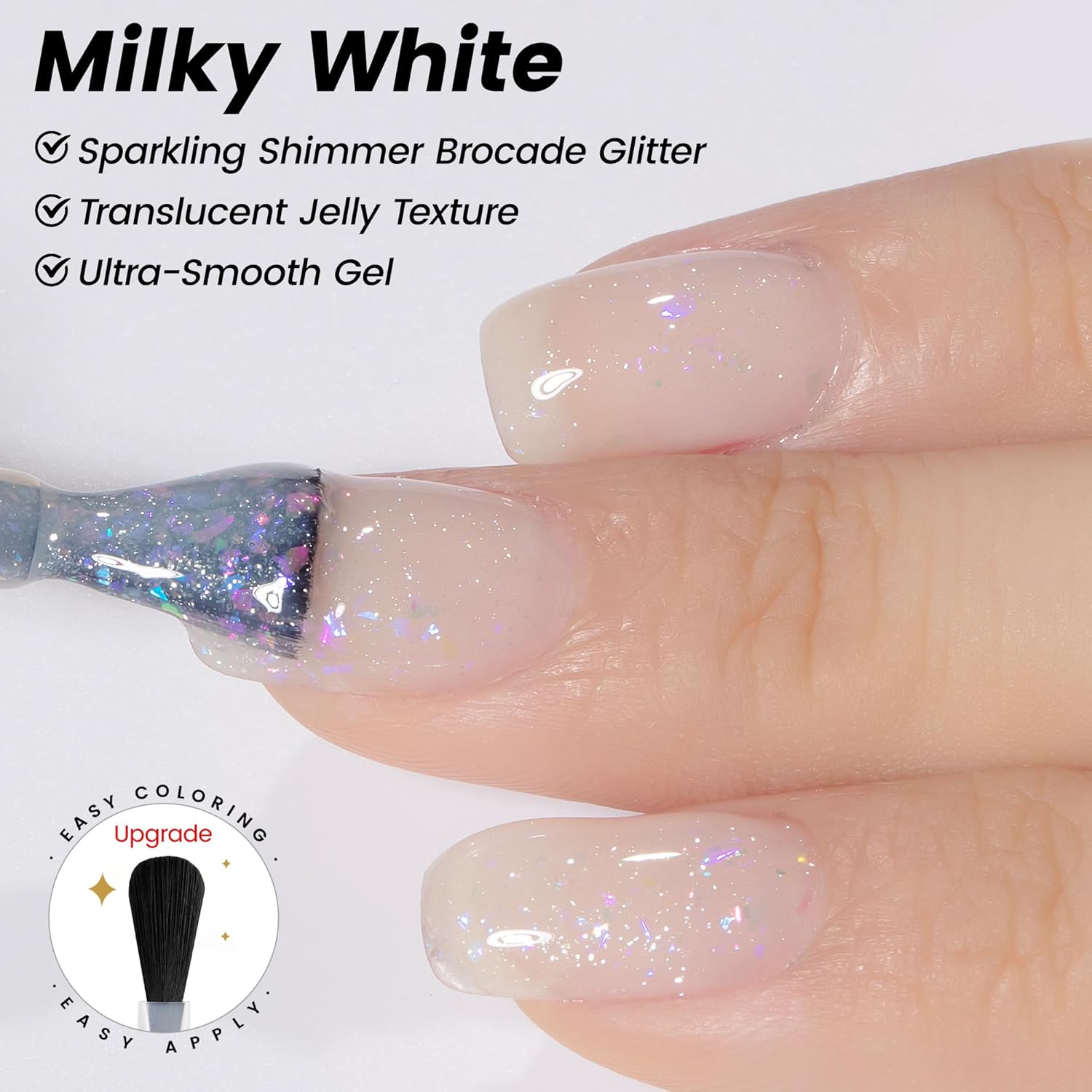 Likomey 15ml Milky White Shimmer Gel Nail Polish with Holographic Sparkly Flakes - Image 3
