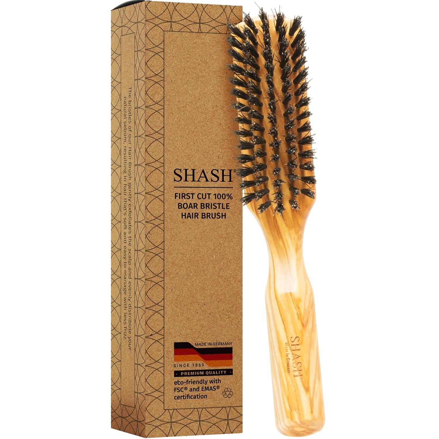 Made in Germany - SHASH + KELLER BÜERSTENFABRIK 100% First Cut Boar Bristle Hair Brush, Suitable For Thin To Normal Hair - Naturally Conditions Hair, Improves Texture, Exfoliates, and Stimulates