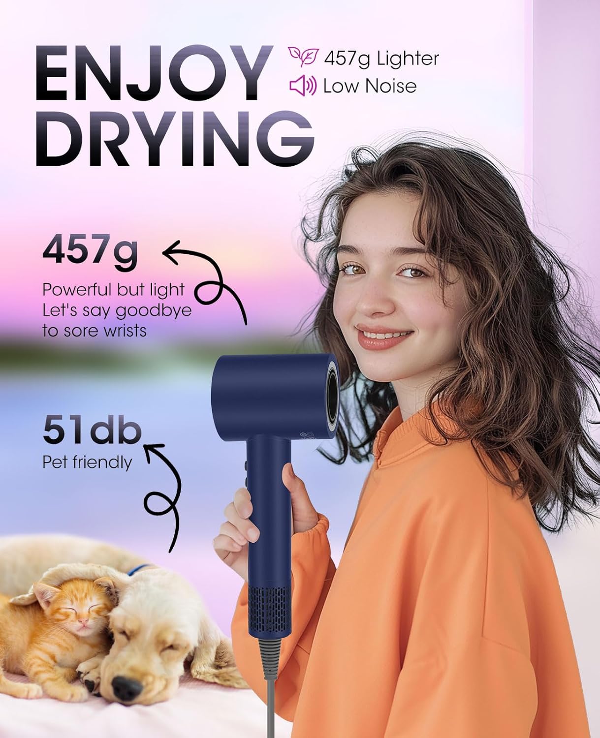 Hair Dryer with 110000 RPM Brushless Motor, HD Digital Display, Low Noise, Compact for Travel and Salon Use, Purple Blue - Image 6