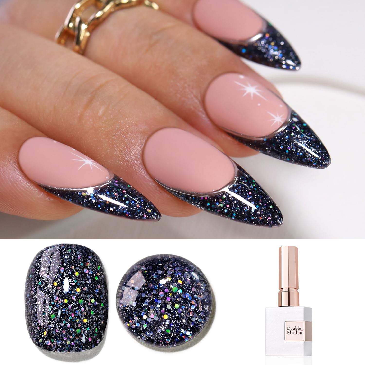 Double Rhythm Gel Polish 15ML Glitter Shimmer Reflective Holographic Color Magnetic for Nail Art Salon DIY at Home (Black-B1020)