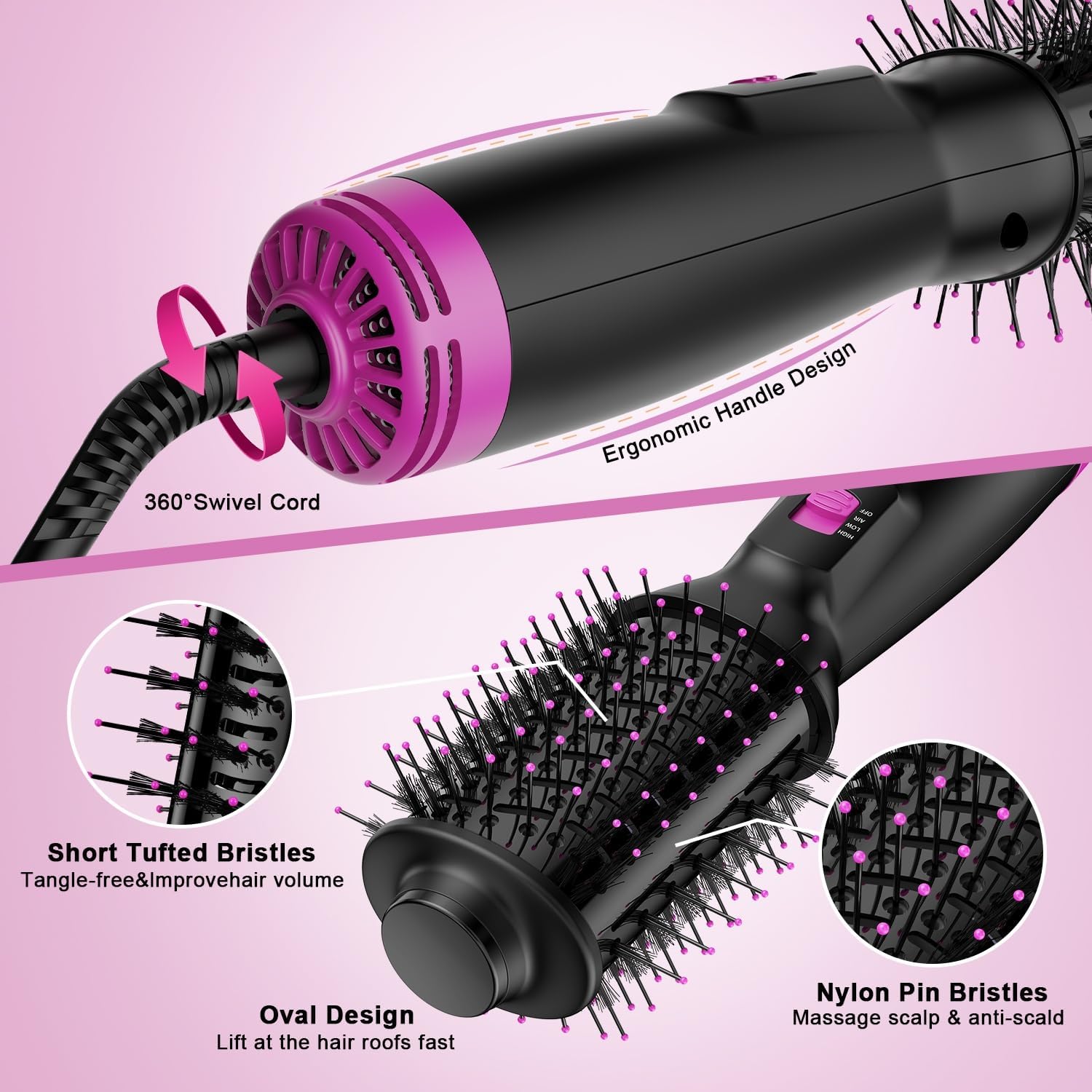 Dual Voltage Mini Hair Dryer Brush 120V-240V Anti-frizz Volumizer with UK/EU Plug - Image 8