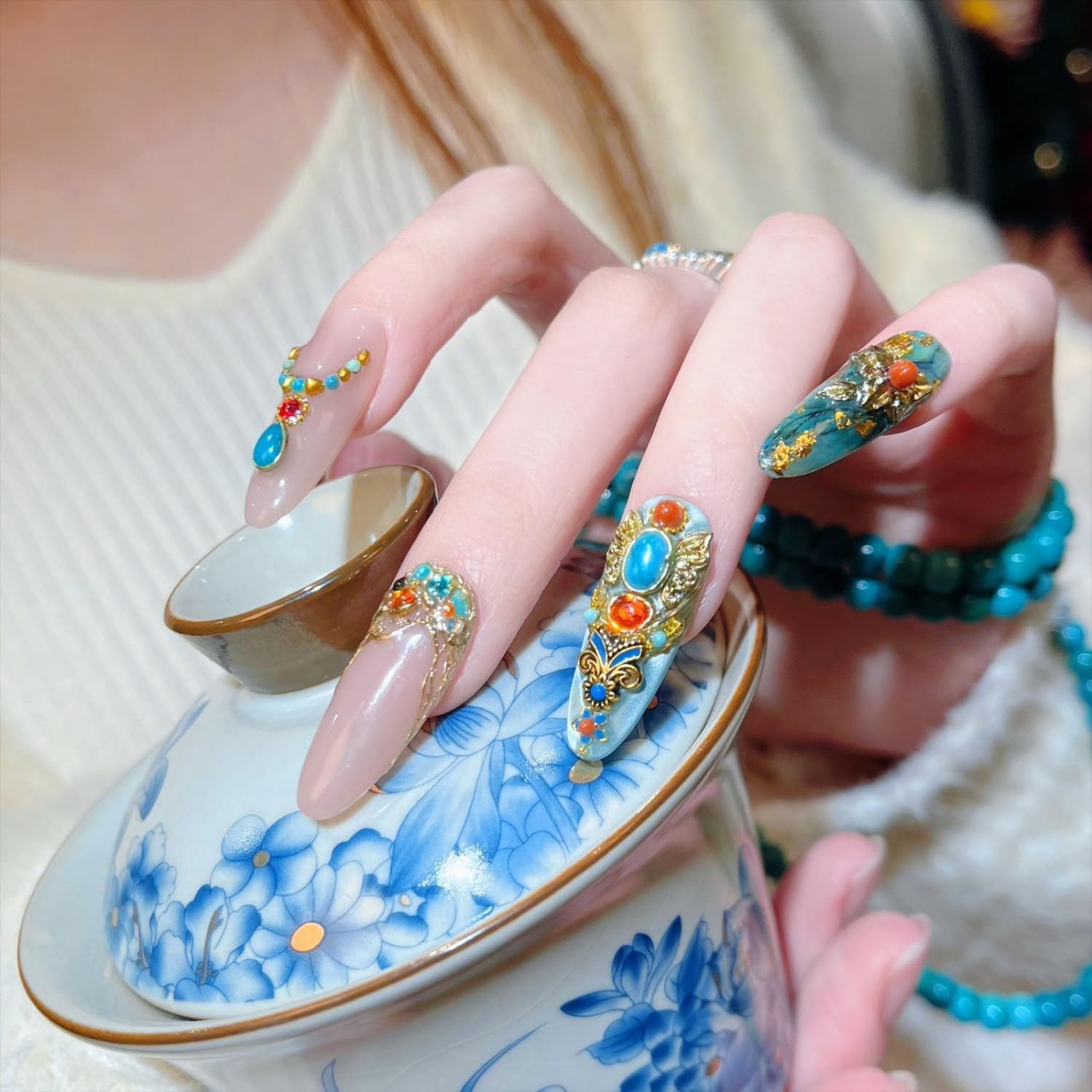 50 Pcs Natural Turquoise Marble Drop Shape Nail Art Rhinestones for 3D Designs - Image 2