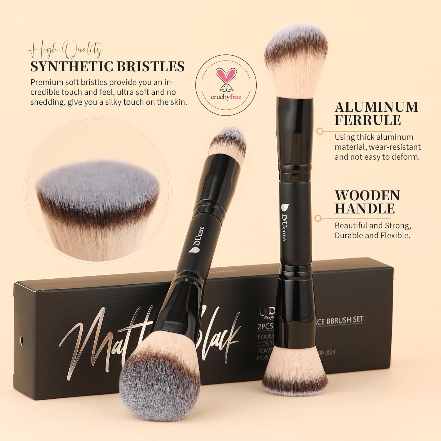 DUcare 2 Piece Black Makeup Brush Set Duo End Foundation Contour - Image 5