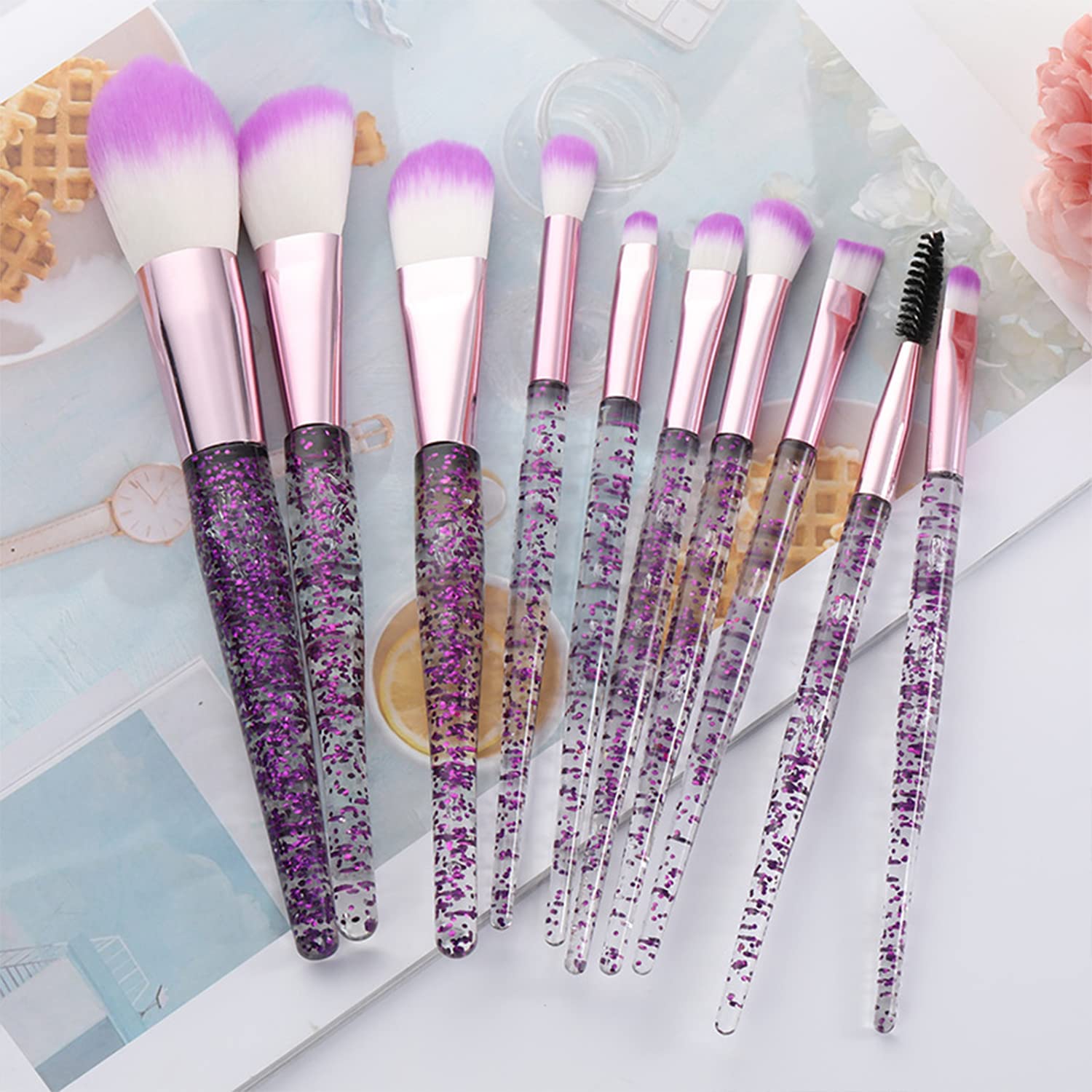 10 Piece Purple Glitter Handle Makeup Brush Set with Clear Pouch for Face & Eyes - Image 2