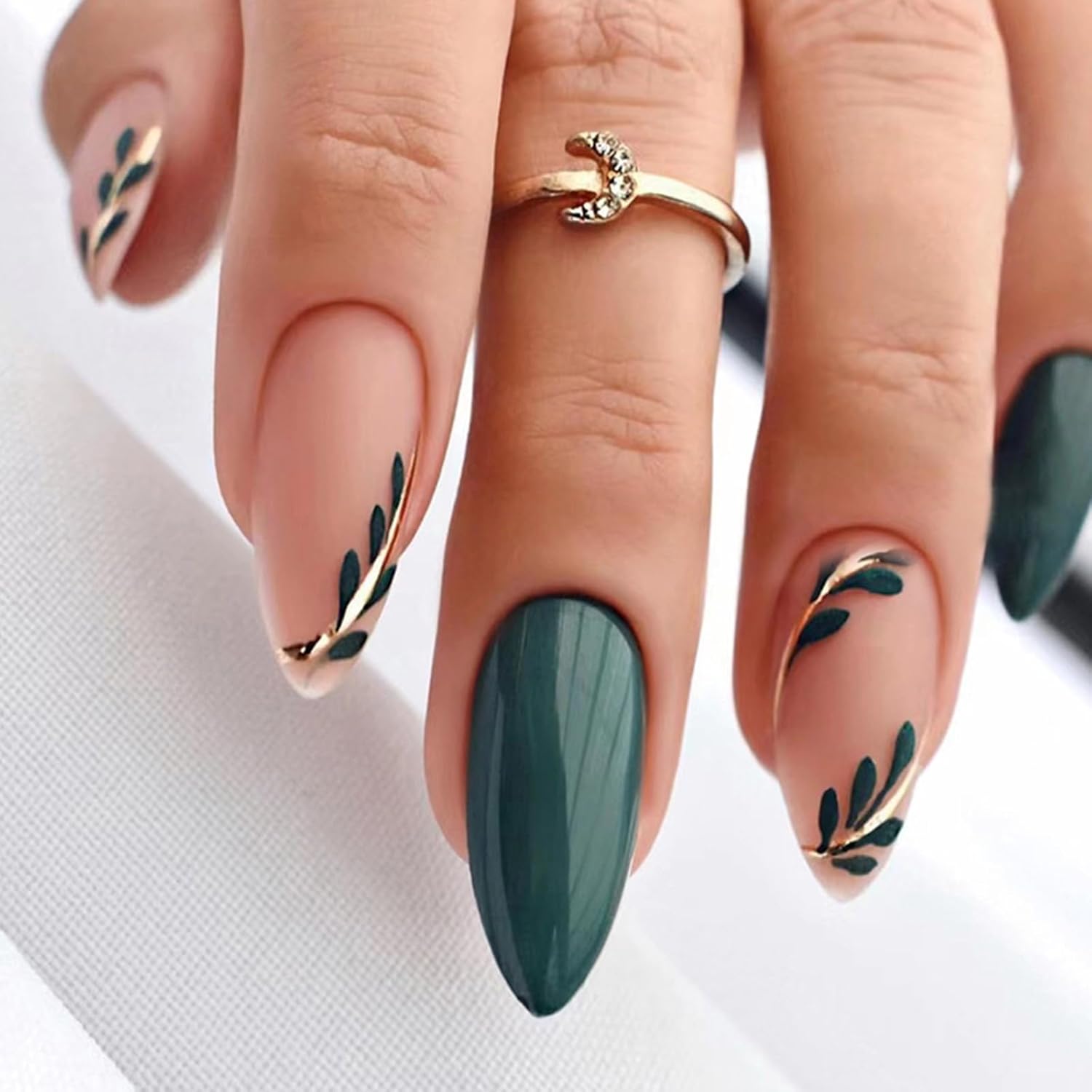 24 Pcs Almond Shaped Press on Nails Fall Medium Length Fake Nails Green False Nails with Gold Leaf Designs Acrylic Nails Full Cover Glue on Nails Glossy Autumn Stick on Nails for Women and Girls