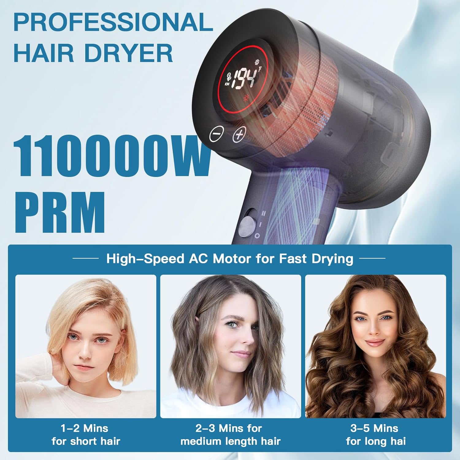 TanSon 1600W Grey High-Speed Hair Dryer Brushless Motor Negative Ionic Technology - Image 6