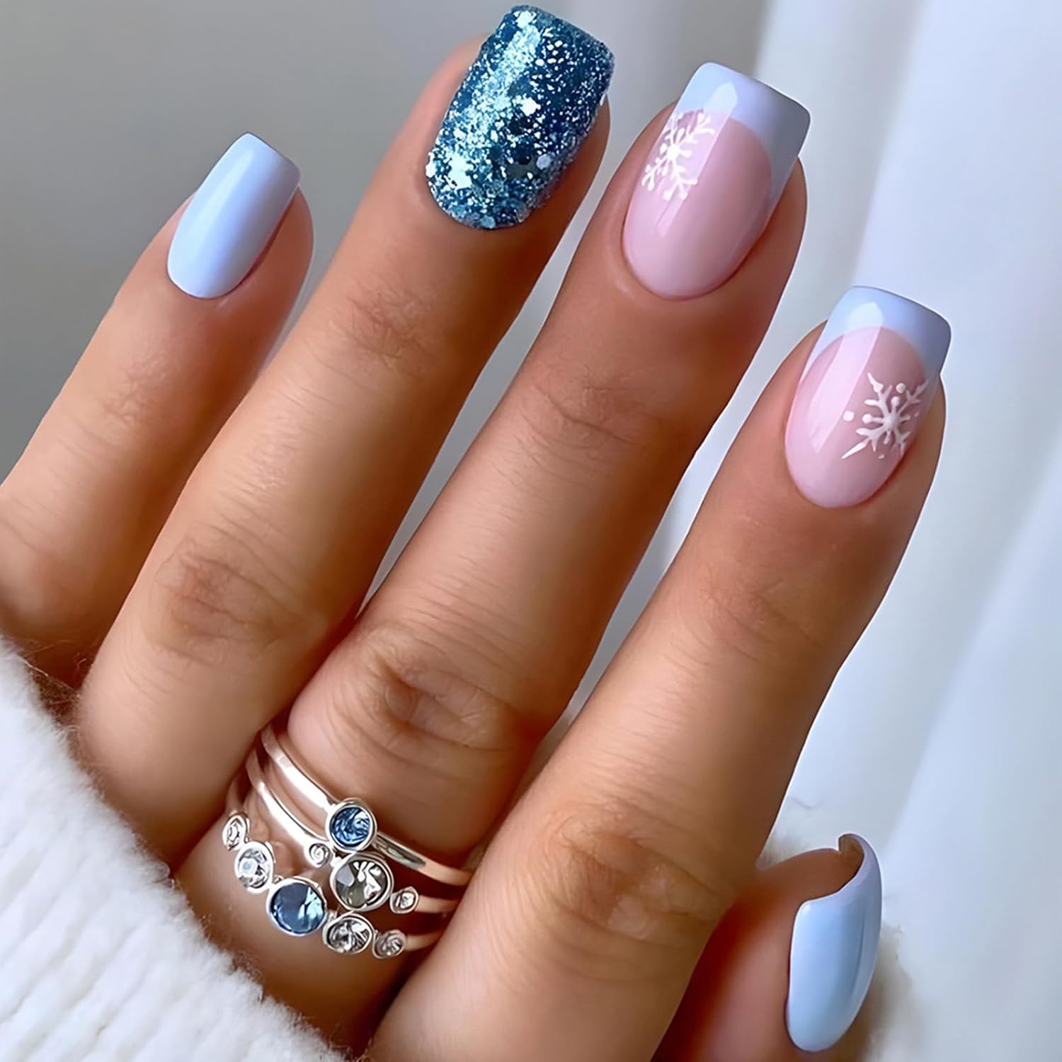 French Tip Press on Nails Short Square, Blue French Snowflake Fake Nail Kit White Snow Blue Glitter Acrylic Nails Super Fit Nail Tip Christmas Glossy Stick on Nails with Jelly Glue 24 Pcs