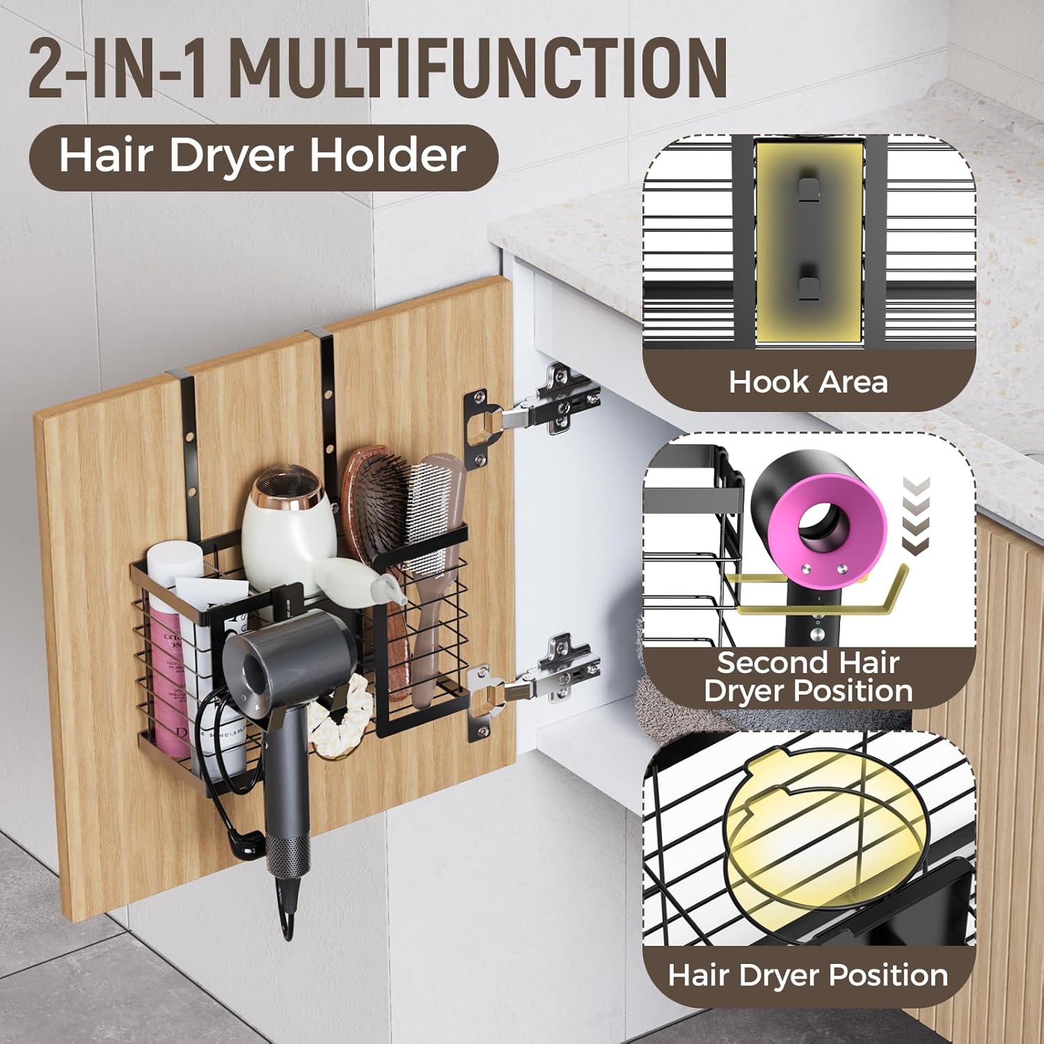 Adjustable Metal 3-in-1 Hair Dryer Holder and Bathroom Tool Organizer - Image 2