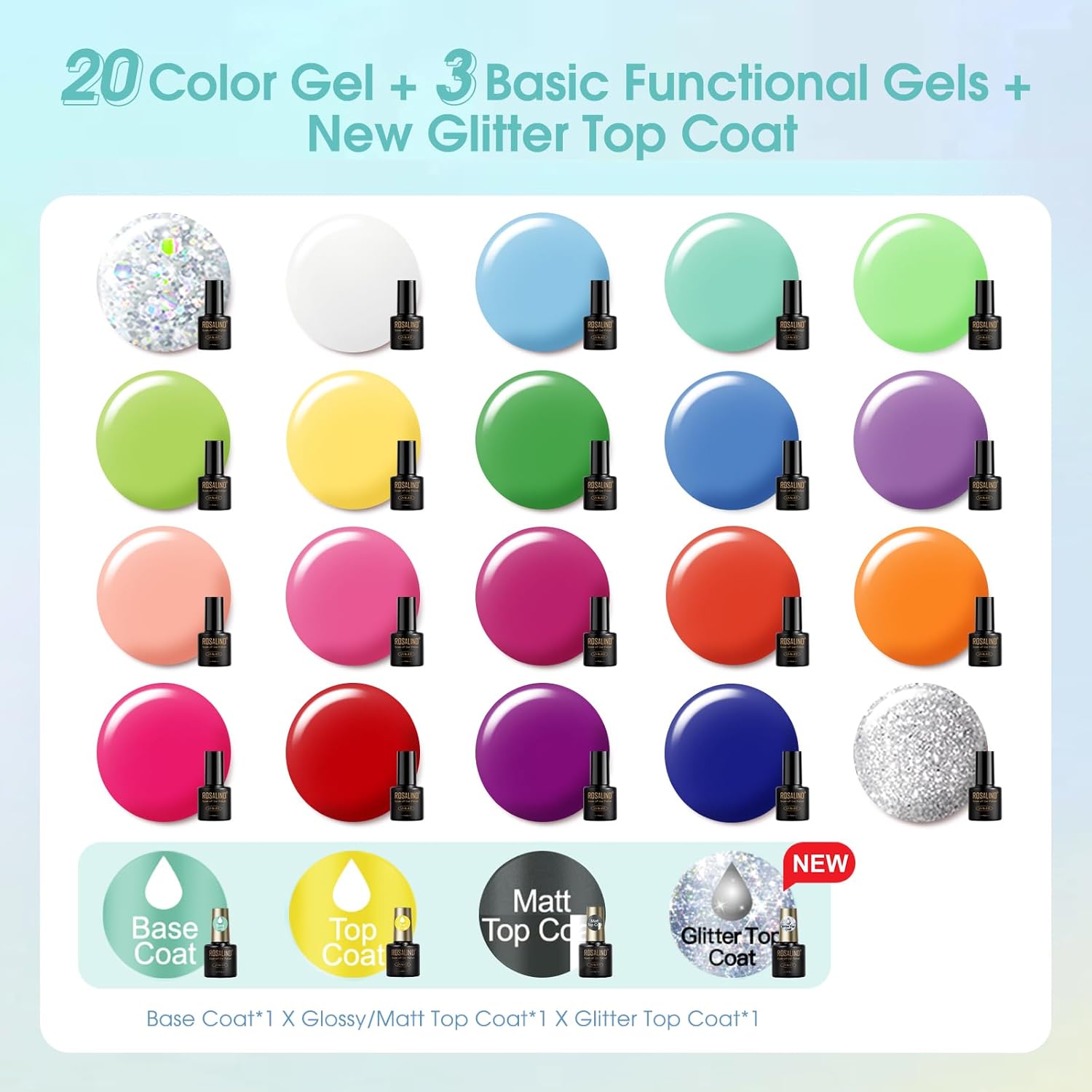 ROSALIND 24 Piece Neon Gel Nail Polish Set with Base and Top Coat for UV Manicure - Image 2