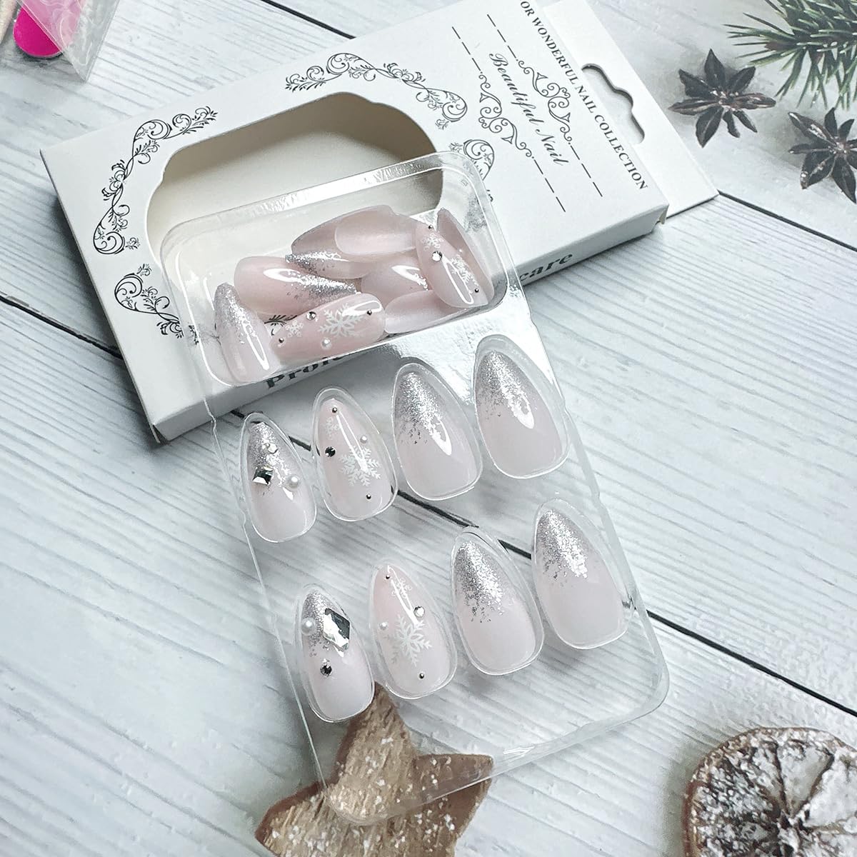 Christmas Almond Medium Press on Nails 24Pcs with Snowflakes and Rhinestones - Image 5