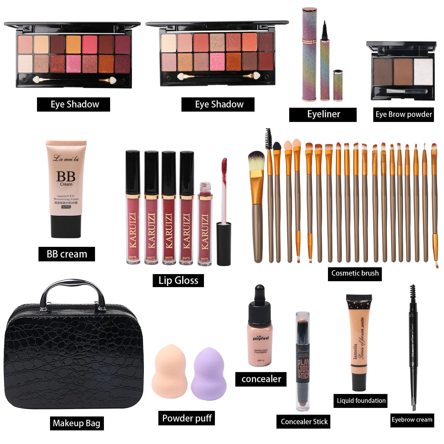 All-in-One Makeup Kit Featuring 2x14 Eyeshadow Palette, Foundation, Eyeliner, Brushes, and Accessories - Image 2