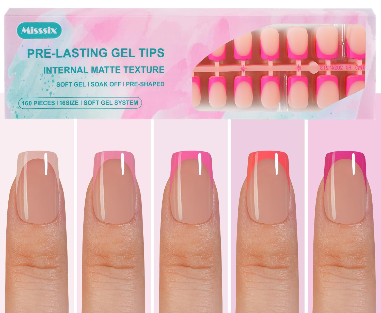 Misssix French Gel Nail Tips, 160Pcs Pink French Tip Press on Nails Short Square, No Need to File Tips Pre-lasting, Fake Nails for Nail Art DIY 16 Sizes