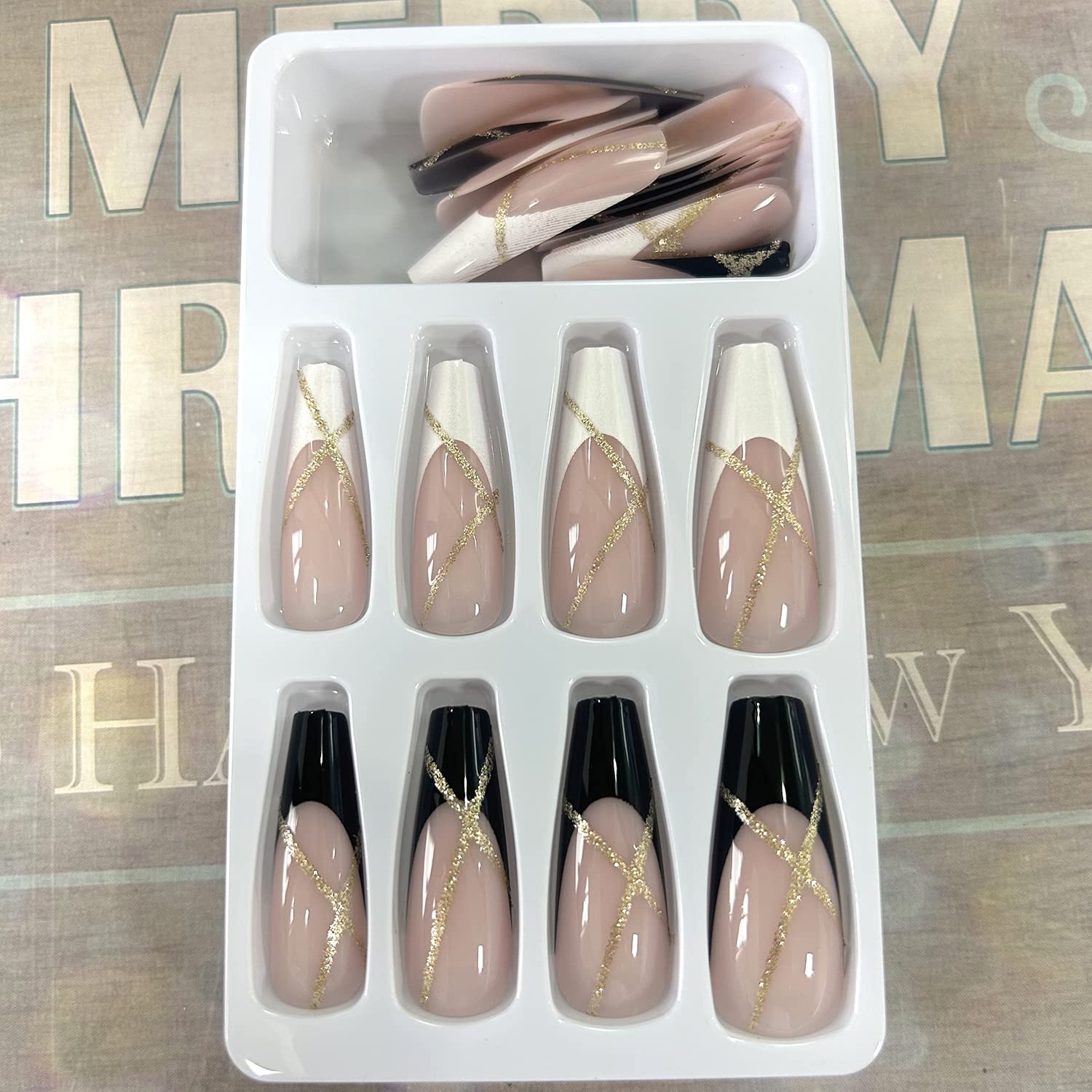 24-Piece Glossy Gold Line French Press On Nails Set Coffin Style Reusable Acrylic - Image 5