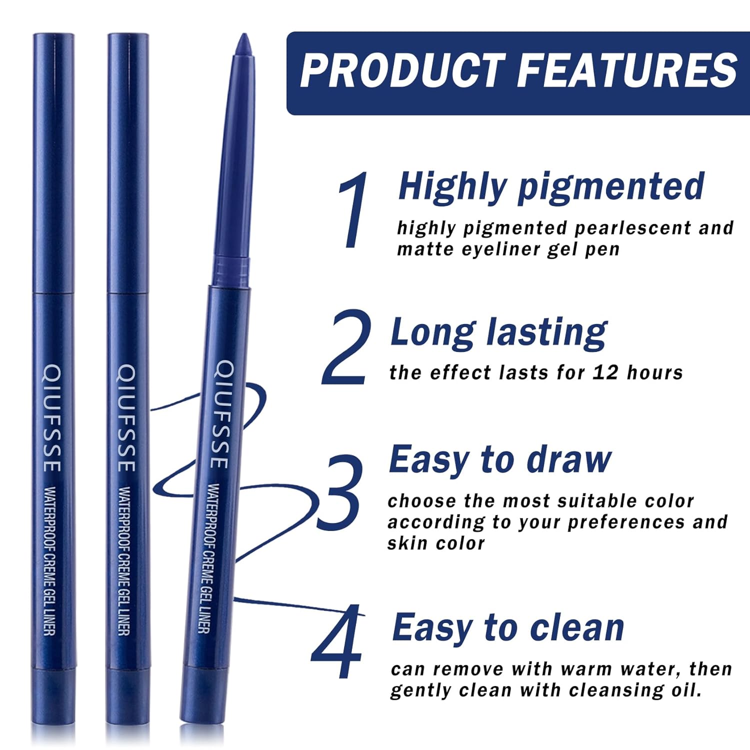 3 Piece Waterproof Retractable Blue Eyeliner Pencil Set for Women Easy Application - Image 3
