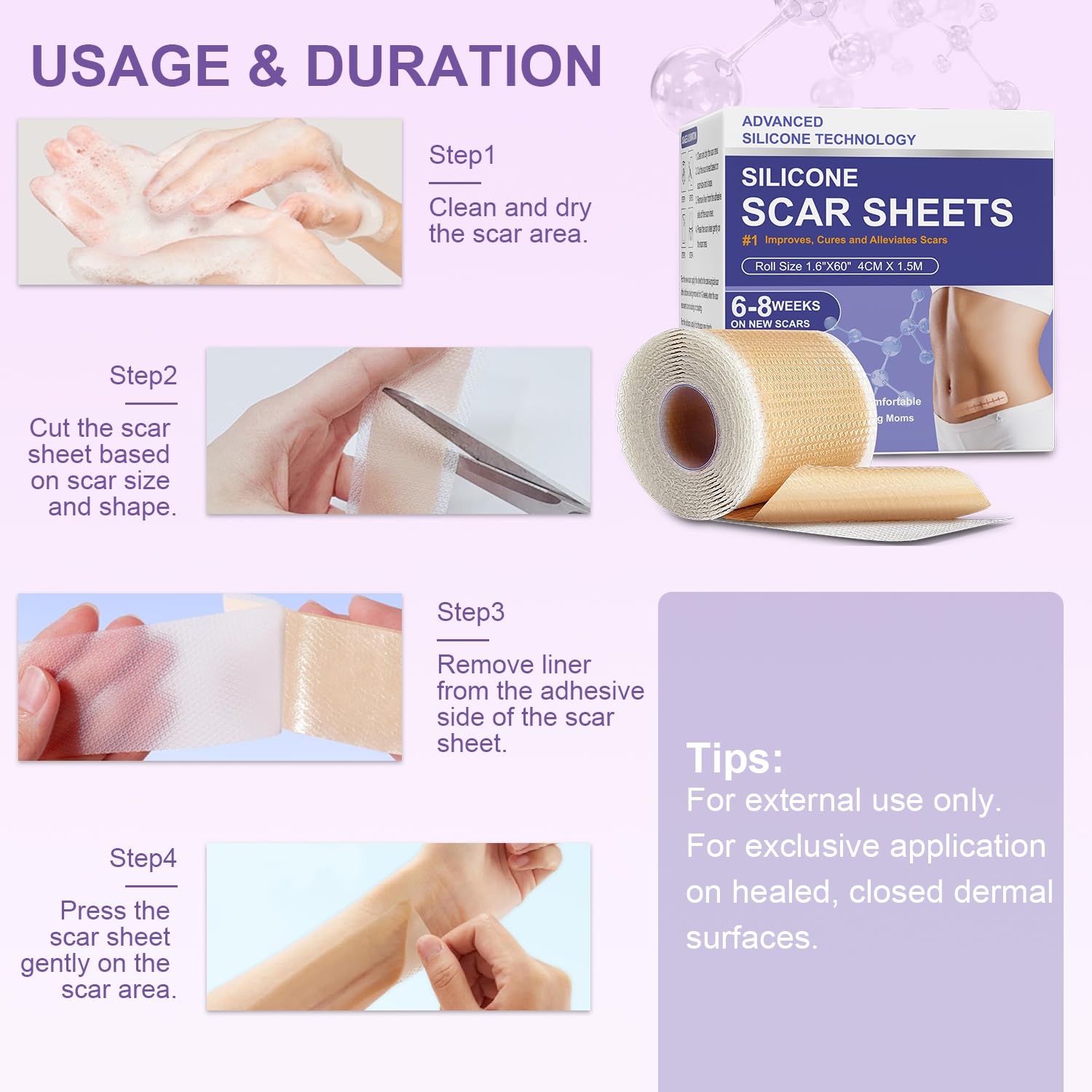 1.6"x 60" Silicone Scar Tape Roll for Surgery, Face, C Section, Burn, Acne Scars - Image 6