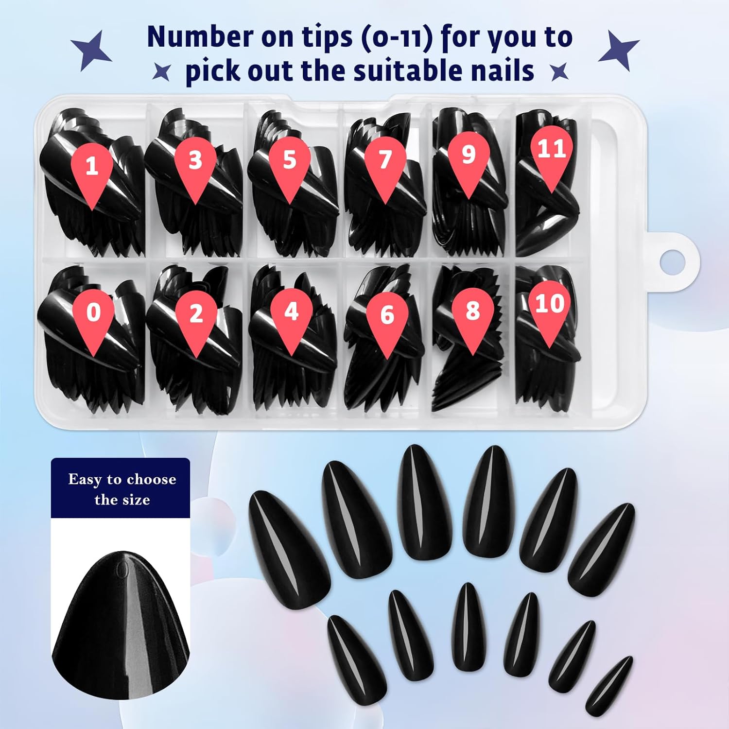 240 Piece Glossy Black Almond Shape Full Cover Acrylic Fake Nails for Women - Image 5