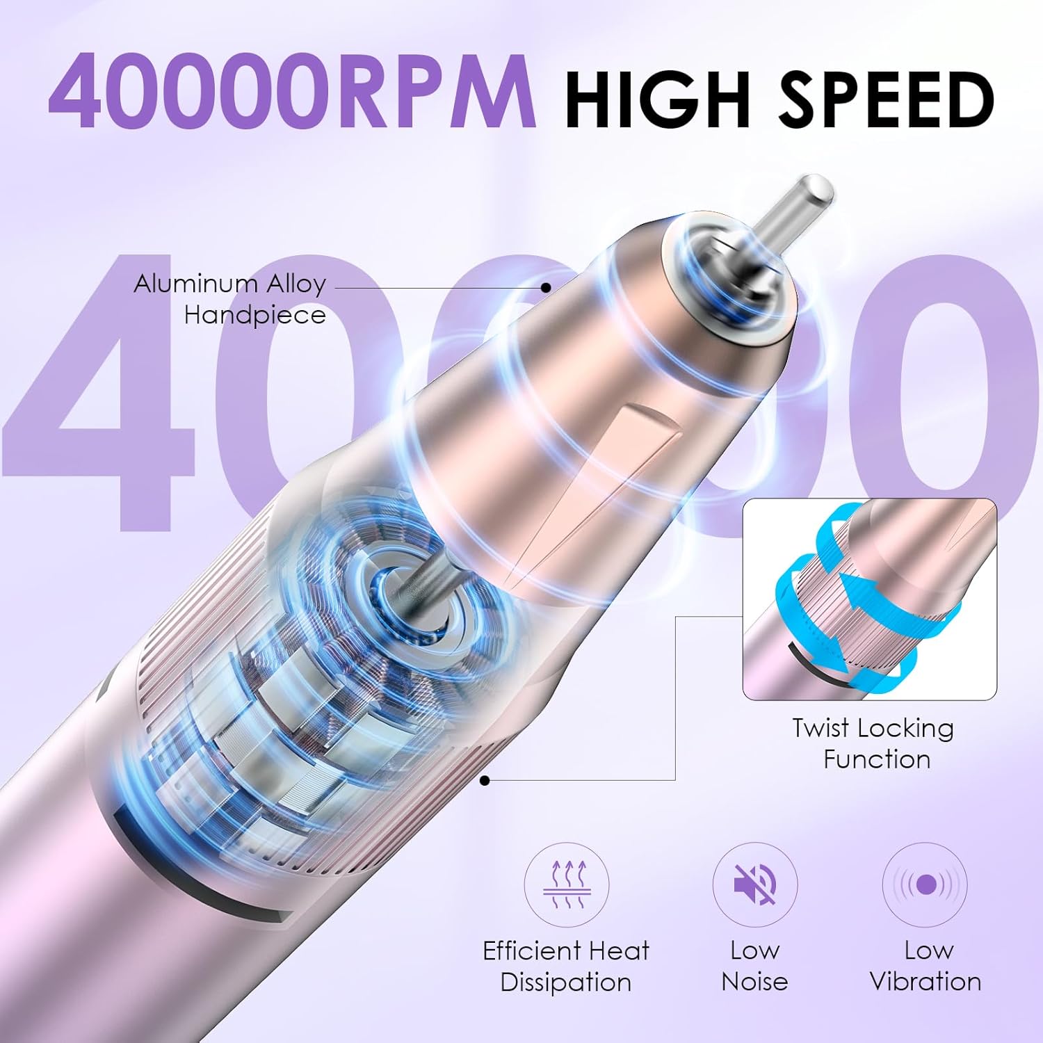 Rechargeable Electric Nail Drill 40000RPM E-Filer with 15 Bits Purple - Image 3