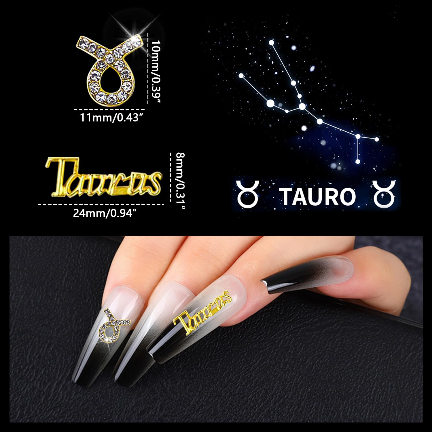 JERCLITY 20pc Gold Alloy Taurus Zodiac Nail Charms with Symbols and Constellation - Image 2