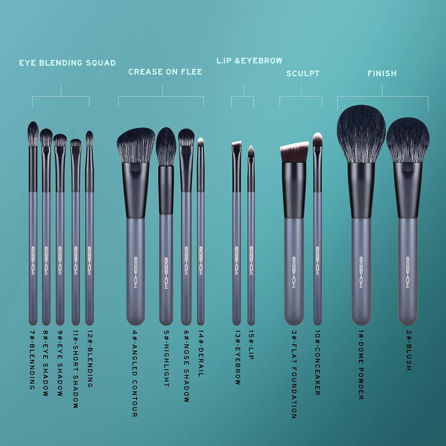 EIGSHOW 15-Piece Professional Makeup Brush Set for Face and Eyes in Grey - Image 6