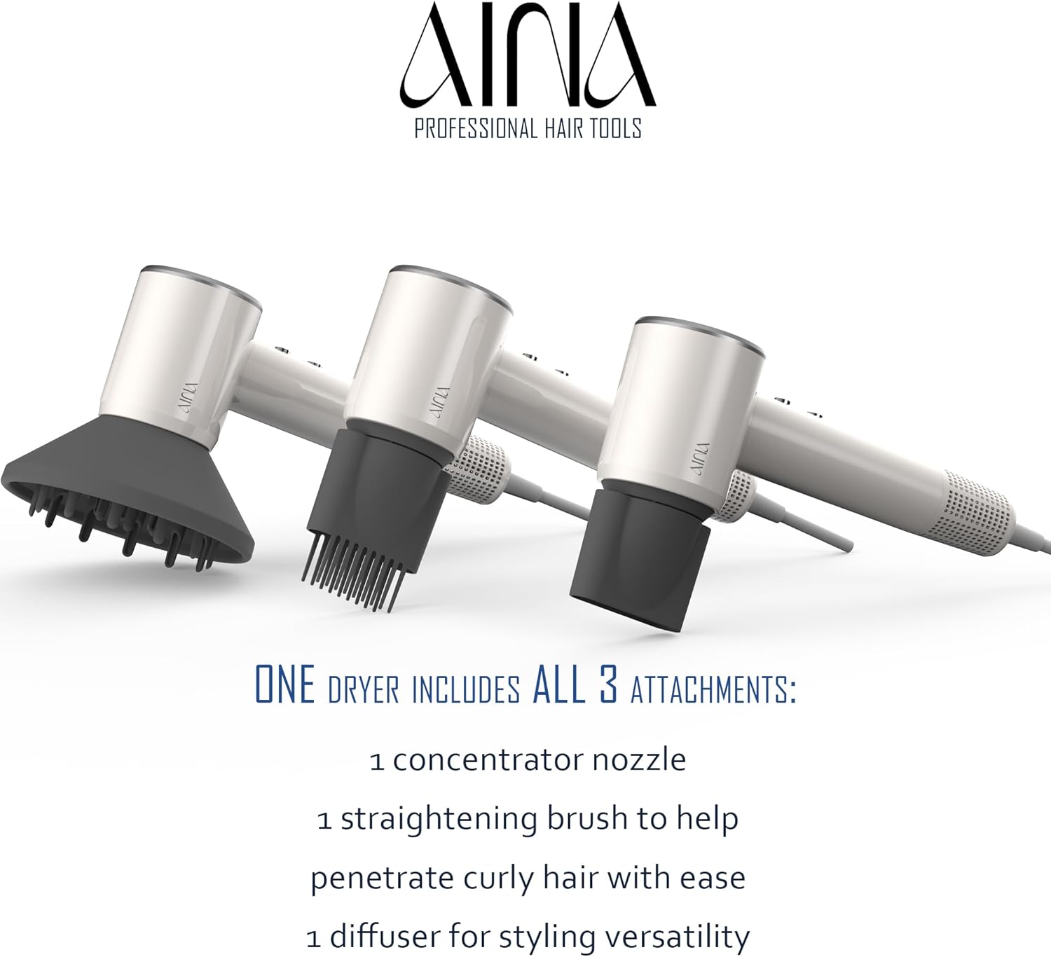 AINA Lightweight Hair Dryer Ivory White 110000 RPM with Diffuser Brush Comb 3 Attachments - Image 2