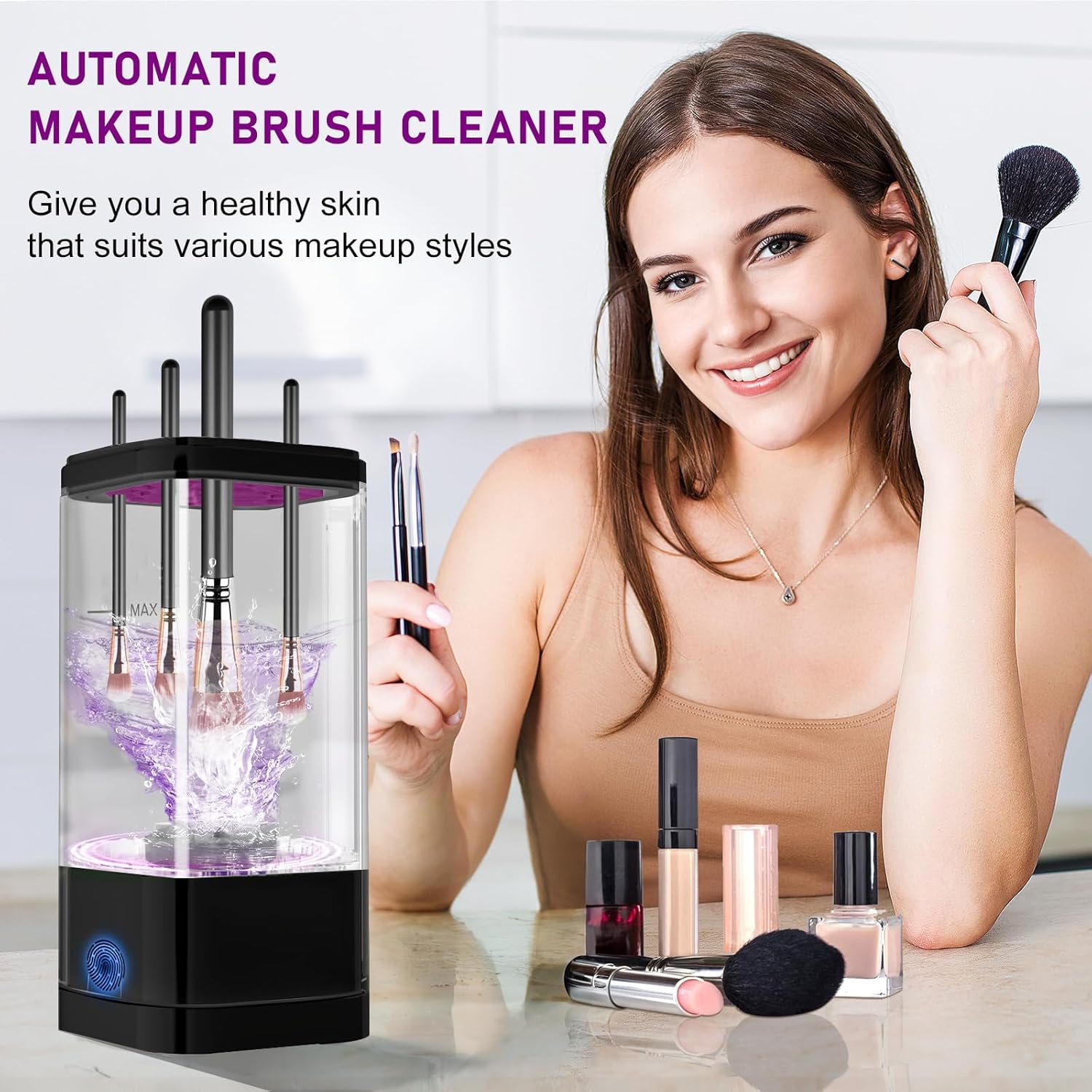 Electric Makeup Brush Cleaner for All Brush Types, Portable Automatic Cleaning and Drying Solution, Black - Image 2