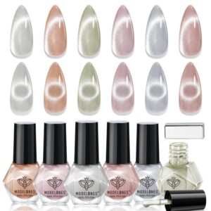 modelones Cat Eye Nail Polish Set, 6 Colors Magnetic Silver Pink Red Purple Quick Dry Mini Nail Lacquer Kit, Green Orange Blue Long Lasting Crystal Velvet Manicure Home DIY Fall Gift for Women Girl