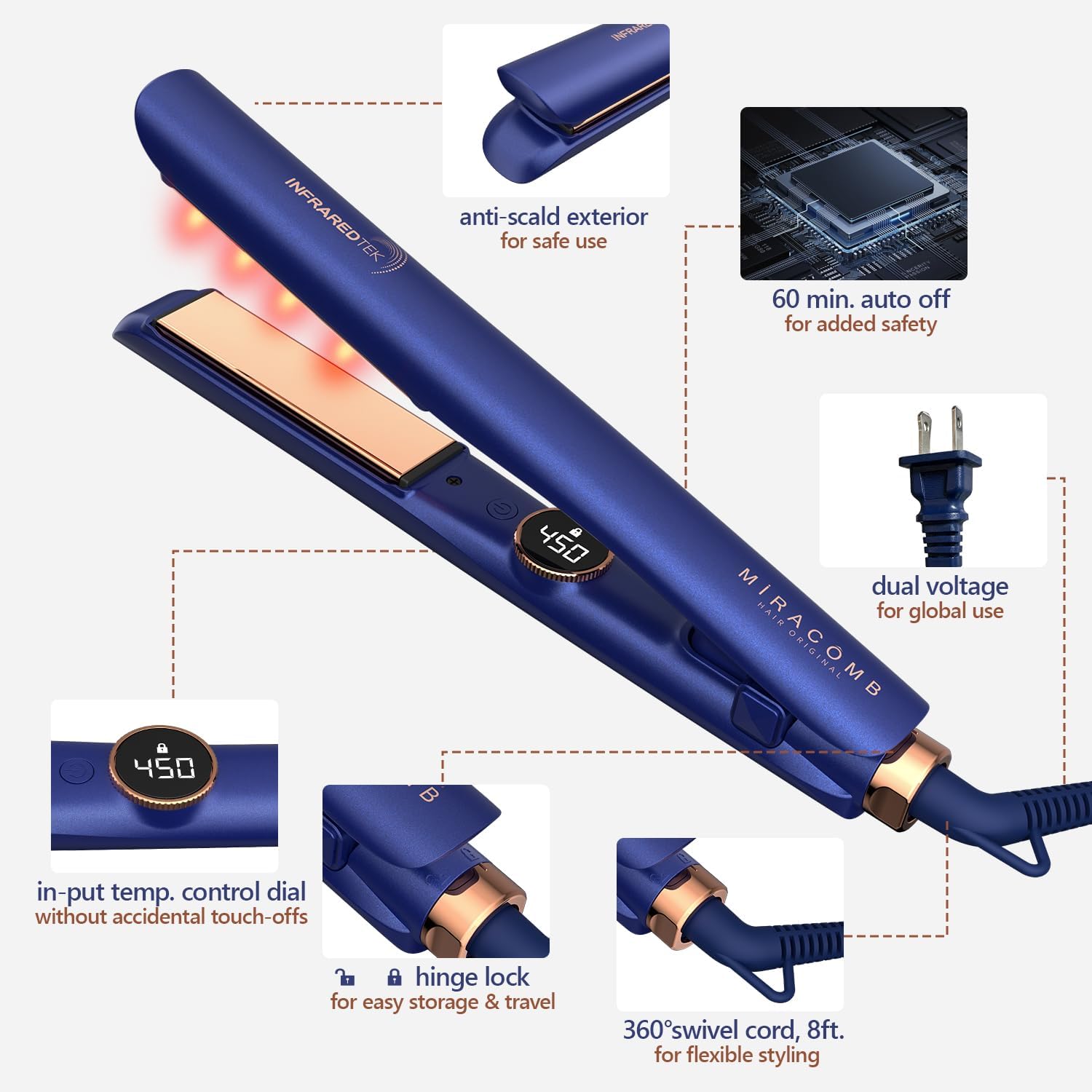 MIRACOMB 1-inch Professional Titanium Flat Iron Hair Straightener with Infrared and Digital Heat - Image 6