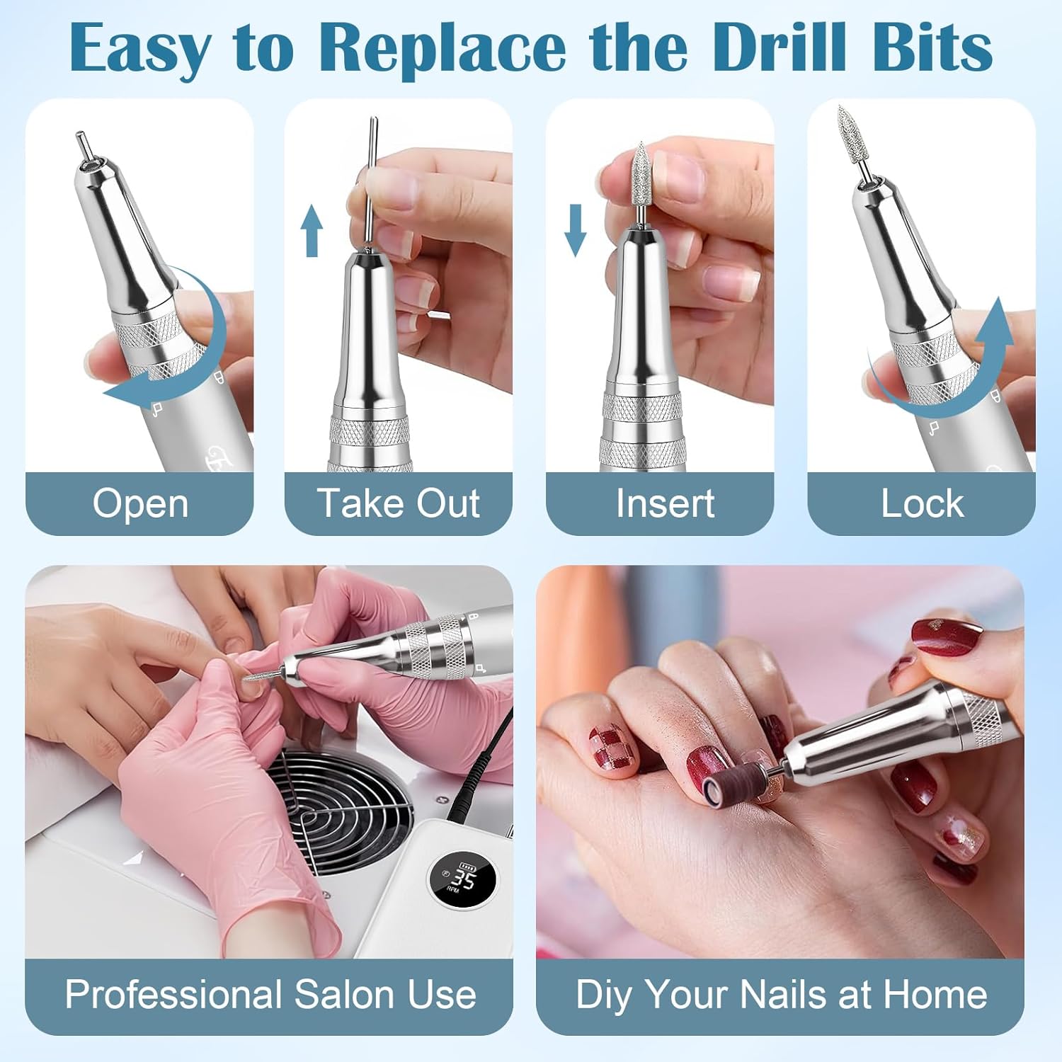 Professional 35000RPM Cordless Rechargeable Nail Drill Kit with 7 Bits, White - Image 6