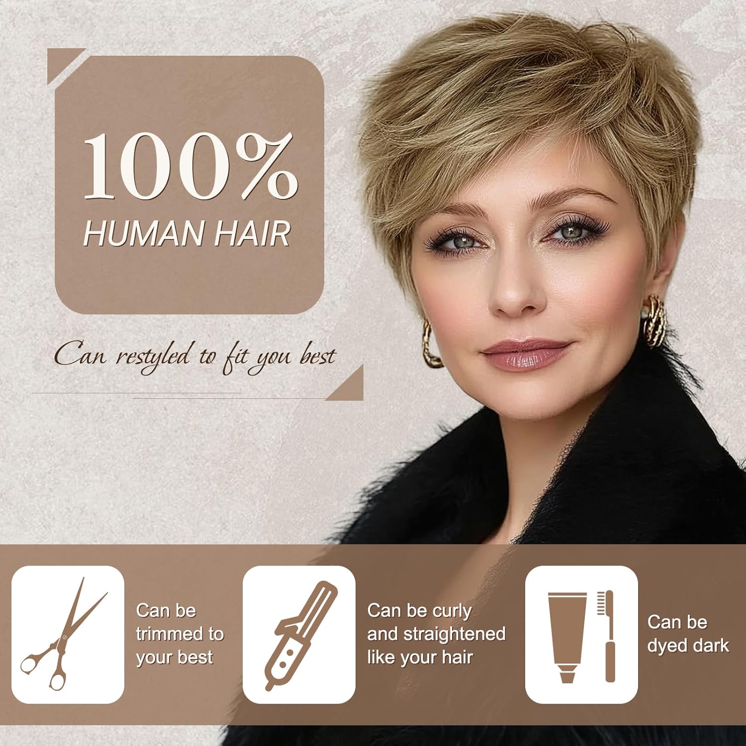 RUWISS Real Human Hair Short Curly Topper 5x5.5 Base Pixie Cut with Bangs Gray White Tips - Image 2