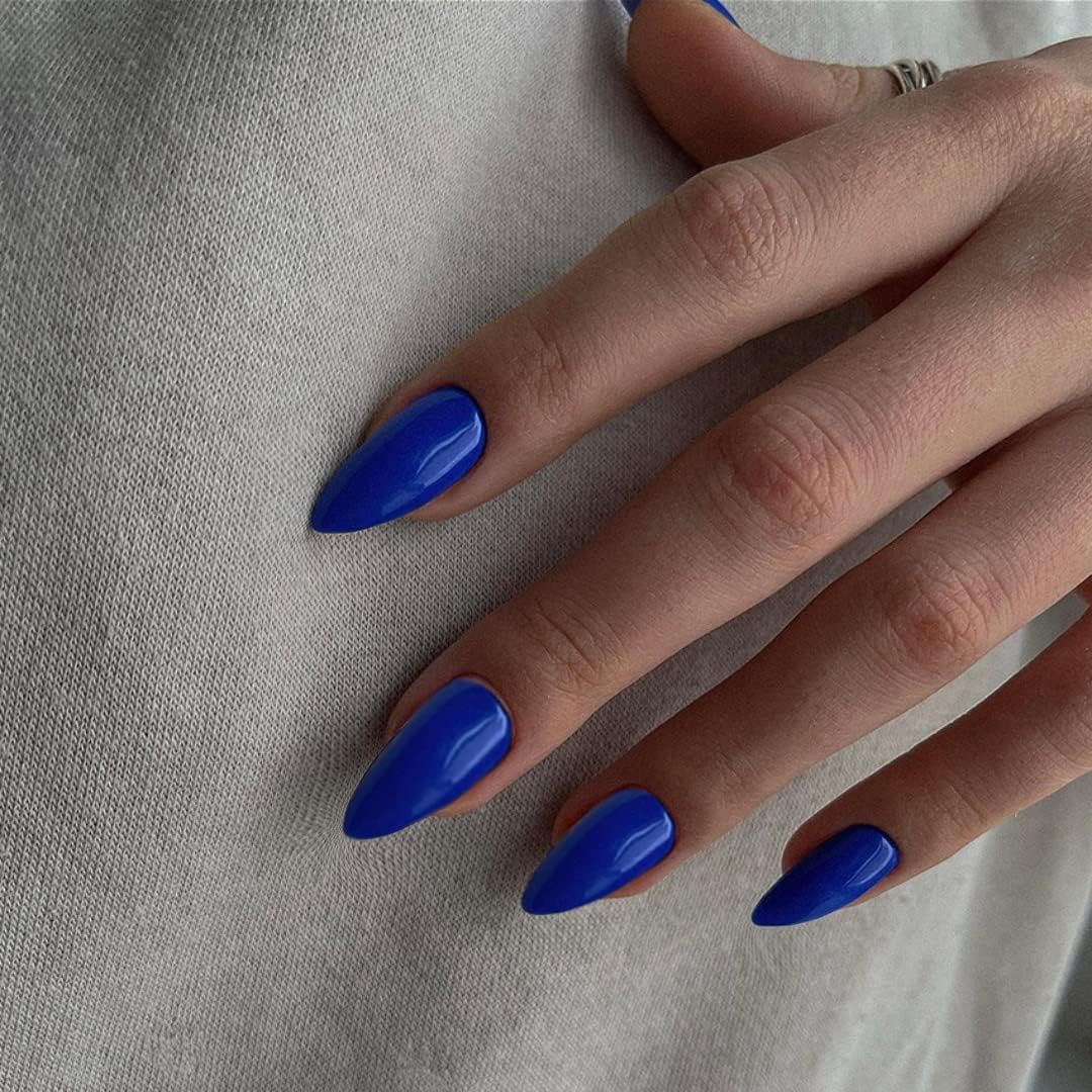 Dark Blue Medium Stiletto Almond Reusable Press on Nails Kit 24 Piece UV Coated - Image 3