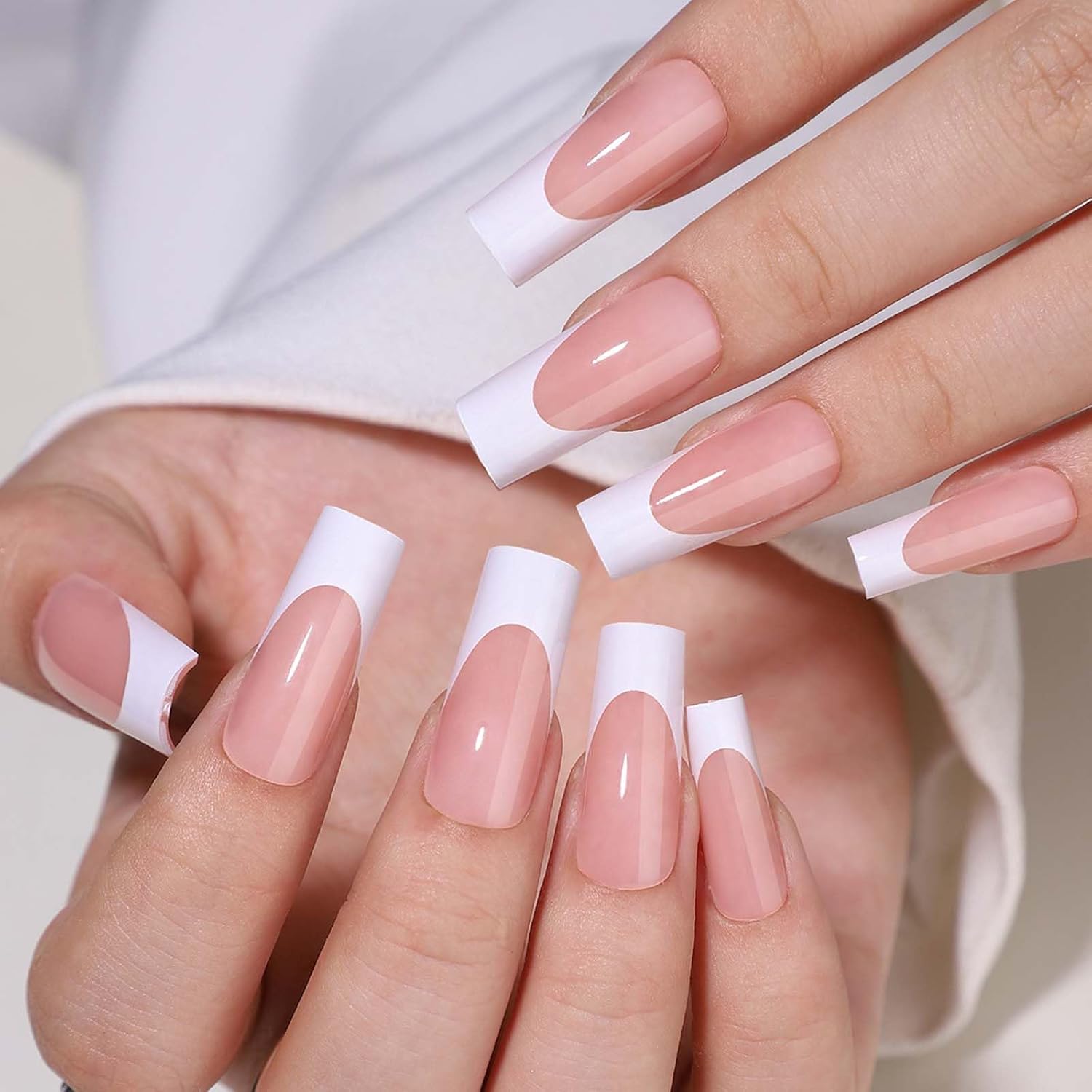 Long White Glossy Square French Tip Press on Nails Full Cover 120 Pcs Manicure Kit - Image 4