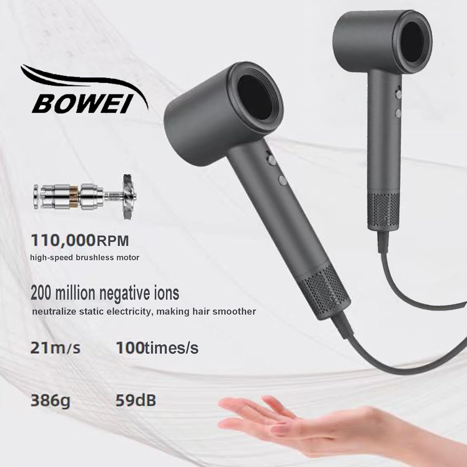 BOWEI Lightweight Hair Dryer 110,000 RPM 3 Speeds 6 Temps Negative Ionic Technology - Image 6