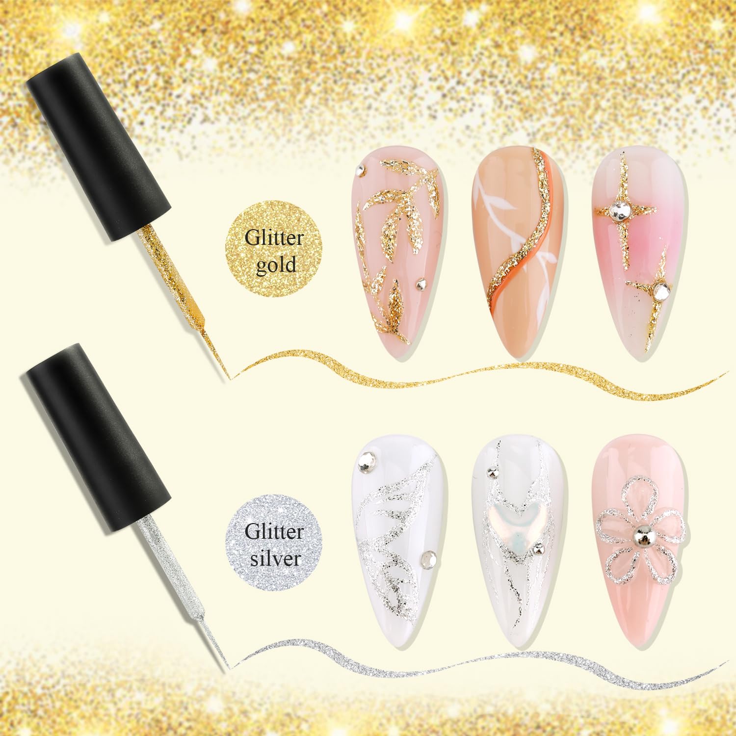Silver Gold Glitter Gel Art Liner Set with Brush Tool 2 Pieces 8ml - Image 2